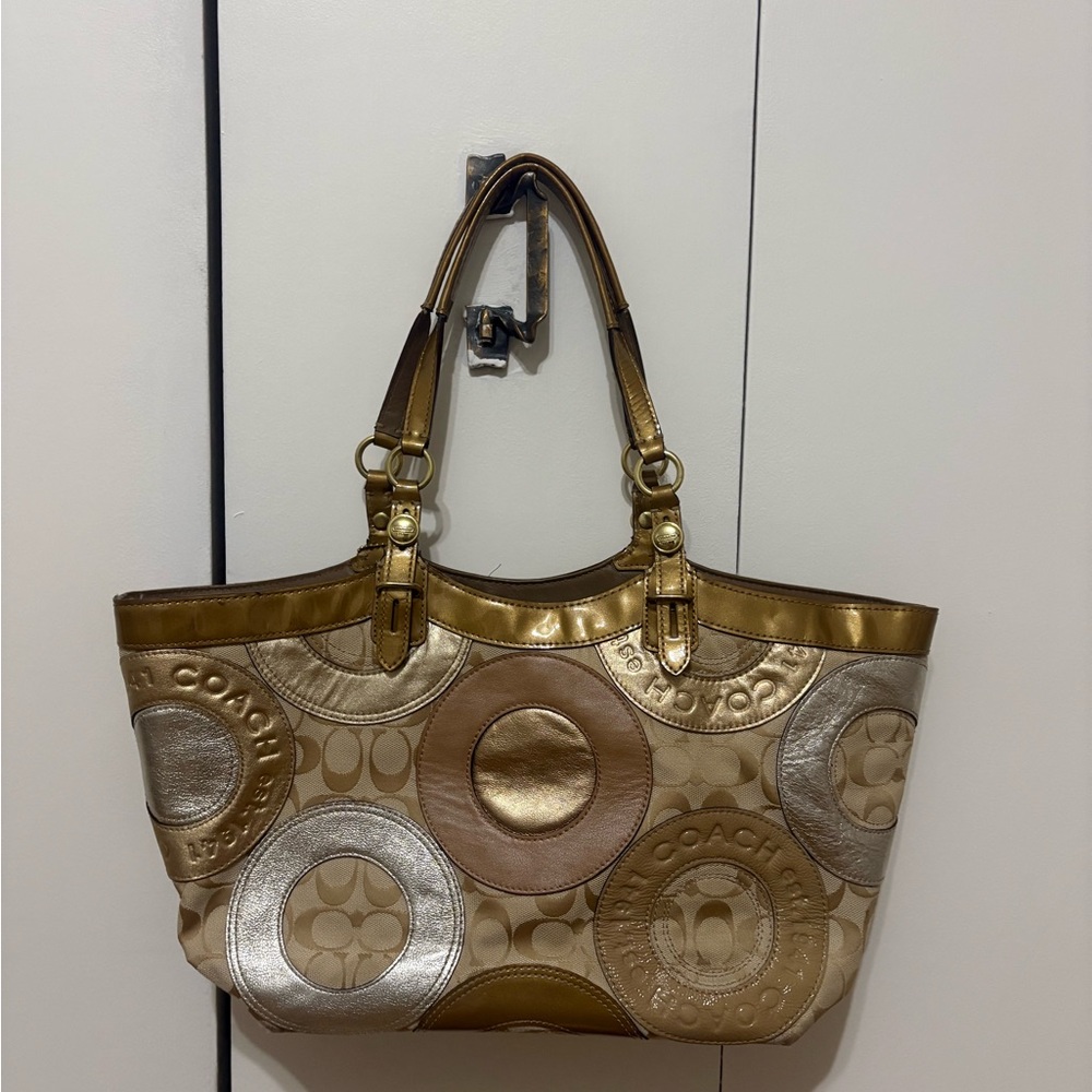 Coach Gold and Tan Signature Tote with Metallic Finish